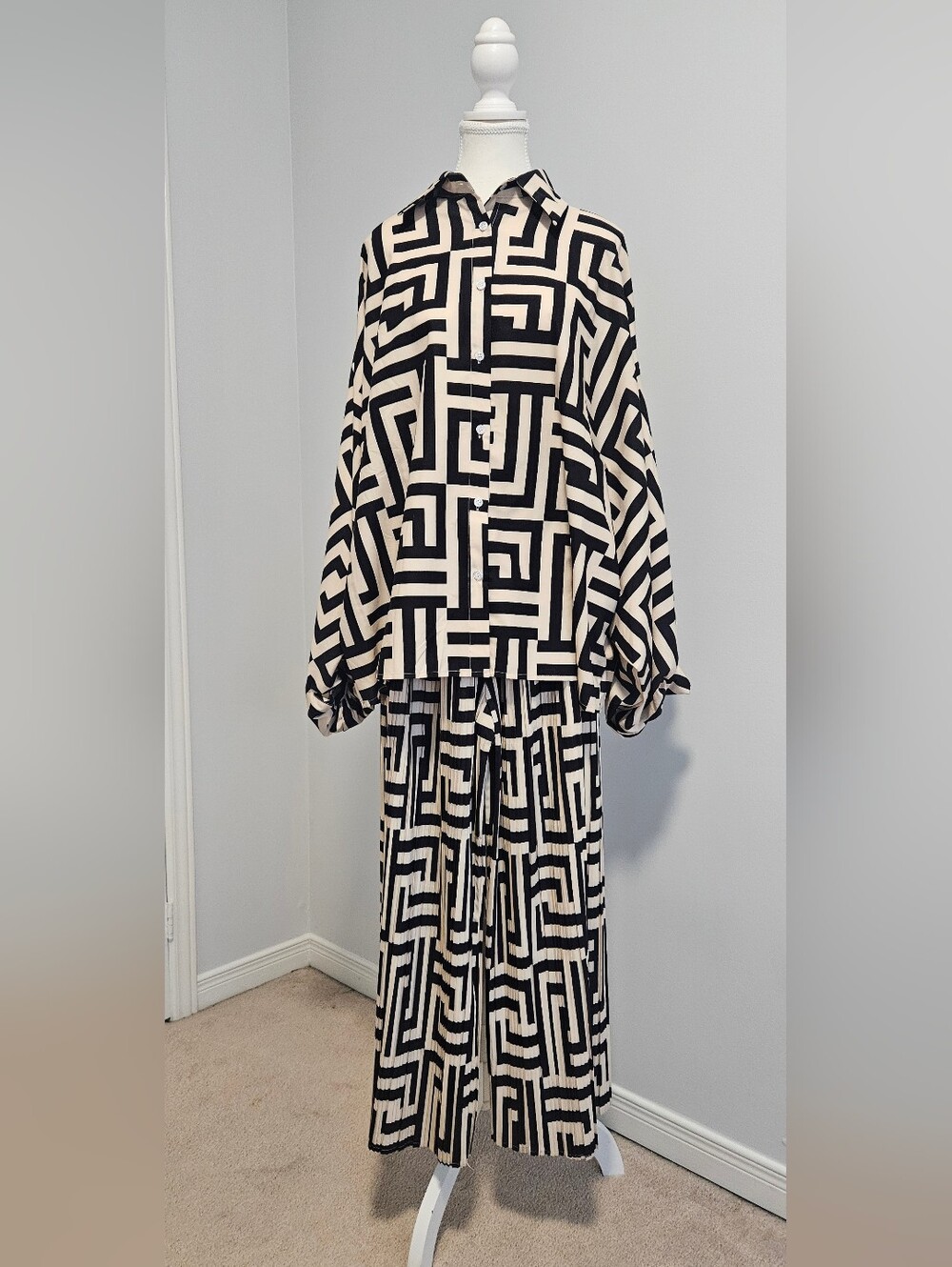 SHEIN Black & Cream Geometric Wide Leg Jumpsuit